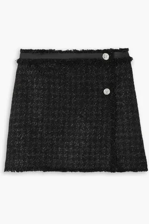 VERSACE Frayed metallic wool-blend tweed mini wrap skirt