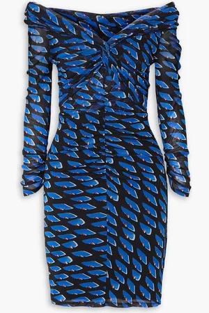 Diane von Furstenberg Ganesa off-the-shoulder printed stretch-mesh mini dress - Blue