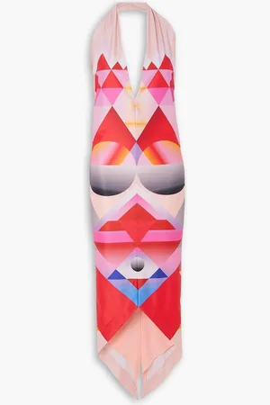 Connor Ives Asymmetric printed stretch-jersey halterneck midi dress - Pink