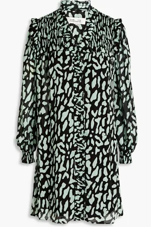 Diane von Furstenberg Layla shirred leopard-print georgette mini dress - Green