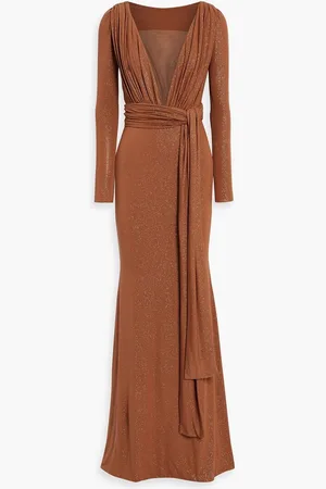 RHEA COSTA Ruched tulle-paneled glittered jersey gown - Metallic