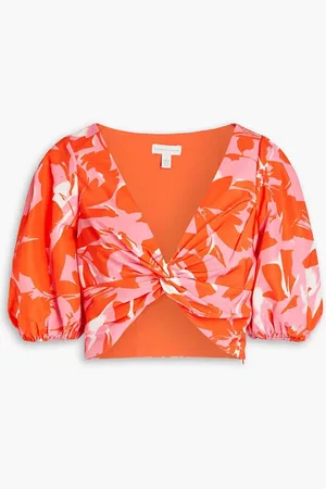 Ml Monique Lhuillier Cropped twisted floral-print taffeta top