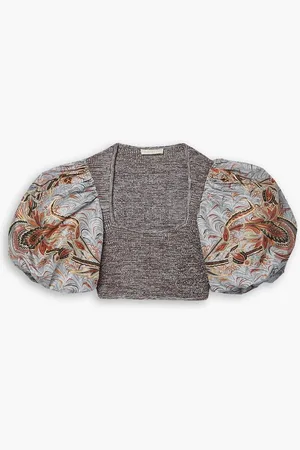 ULLA JOHNSON Iva cropped printed taffeta and ribbed-knit top - Gray