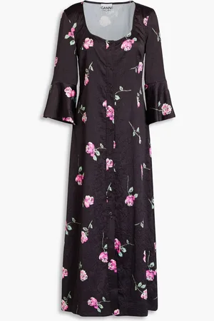 Ganni Floral-print crinkled-satin midi dress