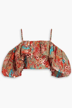 ULLA JOHNSON Carla cold-shoulder cropped floral-print cotton-poplin top - Burgundy