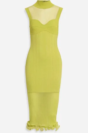 Hervé Léger Layered ribbed tulle and stretch-knit midi dress - Yellow