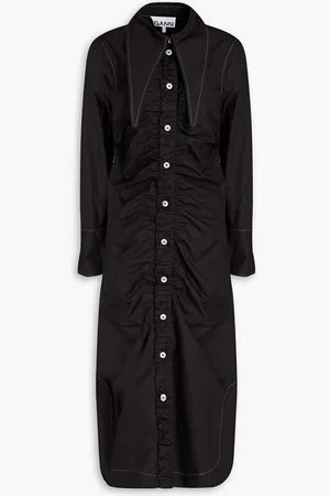 Ganni Ruched cotton-poplin midi shirt dress