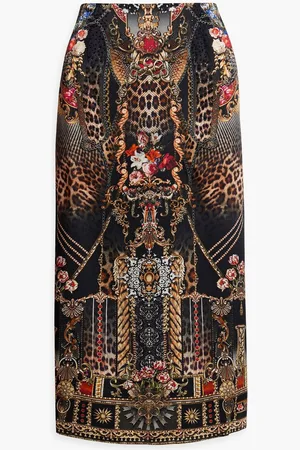 Camilla Embellished printed silk crepe de chine skirt - Gray
