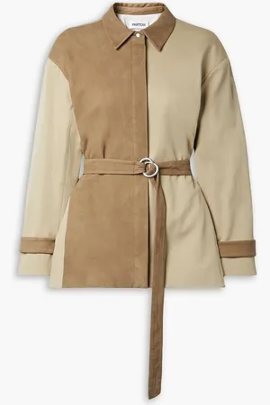 Partow Brahm belted paneled nubuck and cotton-blend twill jacket - Neutral