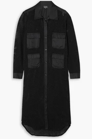 Leslie Amon Satin-trimmed cotton-mesh midi shirt dress