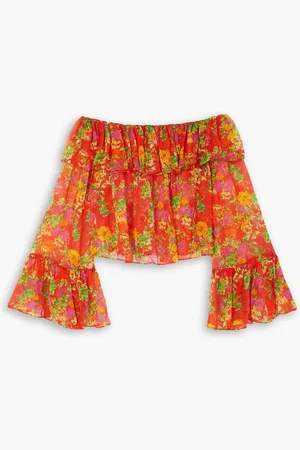 Caroline Constas Thelma off-the-shoulder cropped ruffled floral-print silk-chiffon top - Orange