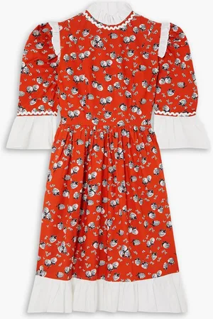 BATSHEVA Ruffled printed cotton-poplin mini dress - Orange