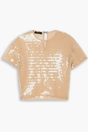 MUGLER Cropped sequined stretch-tulle top