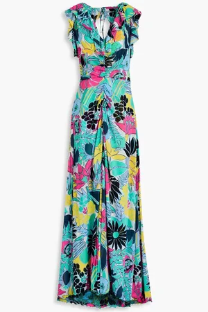 Diane von Furstenberg Sean ruffled floral-print stretch-mesh maxi dress - Blue