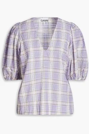 Ganni Checked cotton-blend seersucker top - Purple