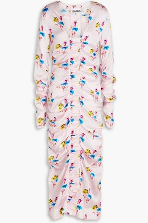 Ganni Ruched floral-print stretch-silk satin midi dress - Pink