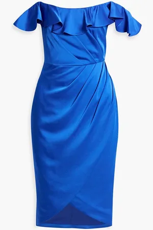 THEIA Odessa off-the-shoulder ruffled satin-crepe dress - Blue
