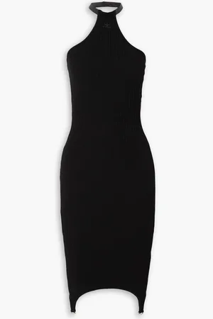 Courrèges Embellished faux leather-trimmed ribbed-knit halterneck midi dress