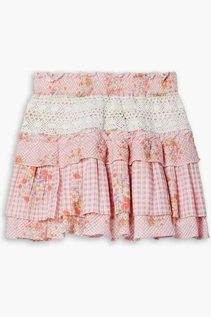 LOVESHACKFANCY Corbett crochet-trimmed floral-print gingham cotton-seersucker mini skirt