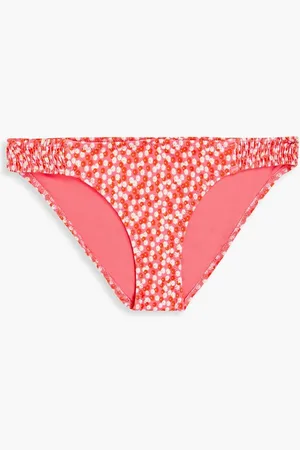 Solid Shirred floral-print low-rise bikini briefs - Orange
