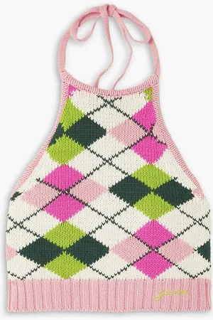 Ganni Cropped argyle cotton halterneck top - Pink