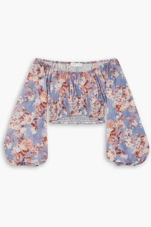 Caroline Constas Cornelia off-the-shoulder cropped floral-print cotton-voile top - Blue