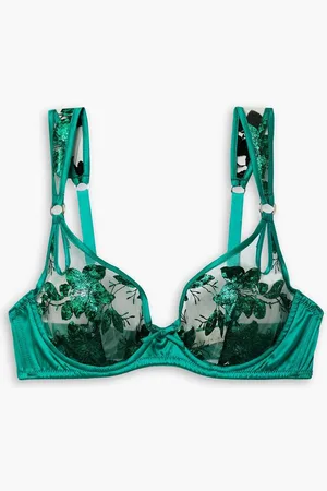 FLEUR DU MAL Metallic embroidered tulle and silk-blend satin underwired soft-cup bra - Green
