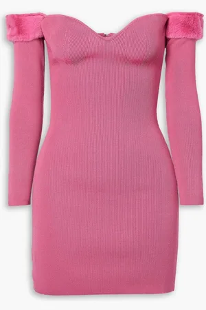 Staud Josee off-the-shoulder faux fur-trimmed ribbed-knit mini dress