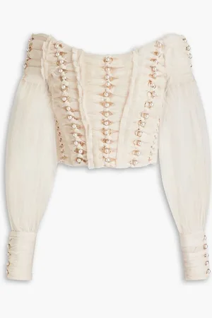 ZIMMERMANN Off-the-shoulder cropped embellished tulle top - White