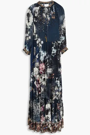 Camilla Crystal-embellished gathered floral-print silk-crepon maxi dress - Blue