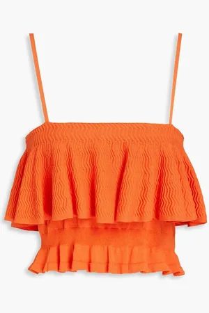 Solid Cropped ruffled crochet-knit top - Orange
