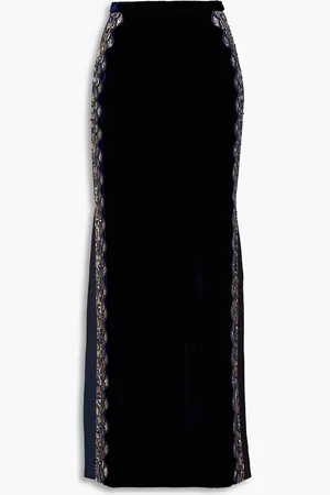 Zuhair Murad Embellished taffeta-paneled cotton-velvet maxi skirt - Blue