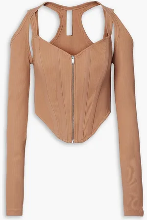 DION LEE Cropped cutout ribbed stretch-cotton jersey top - Brown