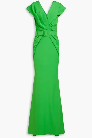 RHEA COSTA Belted draped crepe gown