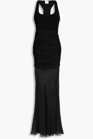 Hervé Léger Ruched chiffon-paneled stretch-knit gown