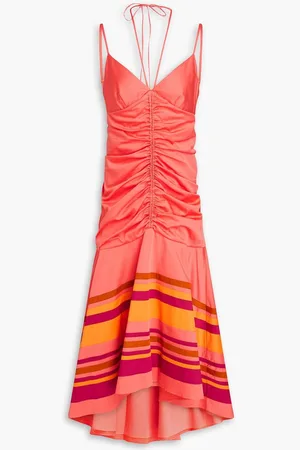 VERONICA BEARD Fitz ruched cotton-blend poplin midi dress - Orange