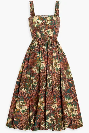 ULLA JOHNSON Olympia cutout printed cotton midi dress - Brown
