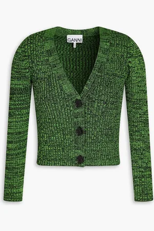 Ganni Cropped marled ribbed-knit cardigan