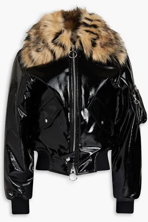 Paco rabanne Faux fur-trimmed vinyl bomber jacket