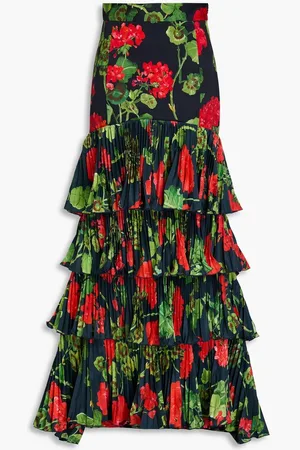 Oscar de la Renta Tiered floral-print plissé-satin and cotton-blend twill maxi skirt - Blue