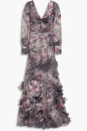 Marchesa Notte Twisted floral-appliquéd printed organza gown - Purple