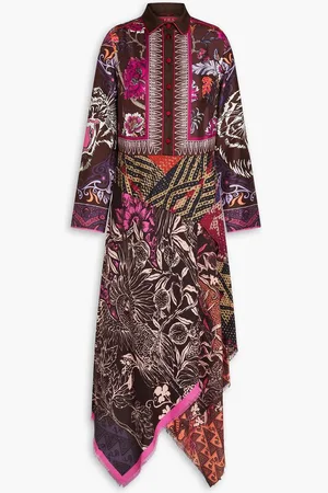 F.R.S For Restless Sleepers Patchwork-effect printed silk-twill maxi shirt dress - Brown