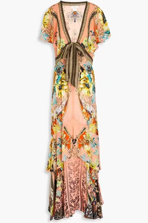 Camilla Crystal-embellished tiered floral-print silk crepe de chine maxi dress - Orange