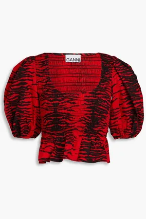 Ganni Shirred tiger-print cotton-poplin peplum top