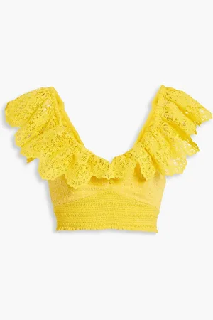 ALICE+OLIVIA Alice Olivia - Bleeker cropped smocked broderie anglaise and guipure lace top