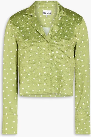 Ganni Cropped polka-dot satin shirt - Green