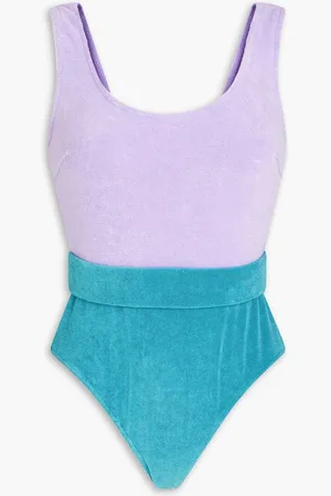 ZIMMERMANN Jude belted two-tone cotton-blend terry swimsuit - Purple