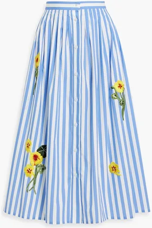 Oscar de la Renta Embroidered striped cotton-blend poplin midi skirt - Blue