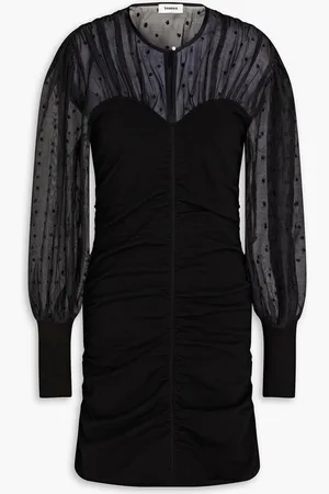 Sandro Ruched Swiss-dot and knitted mini dress