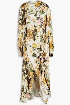THORNTON BREGAZZI Draped floral-print satin midi dress - Neutral